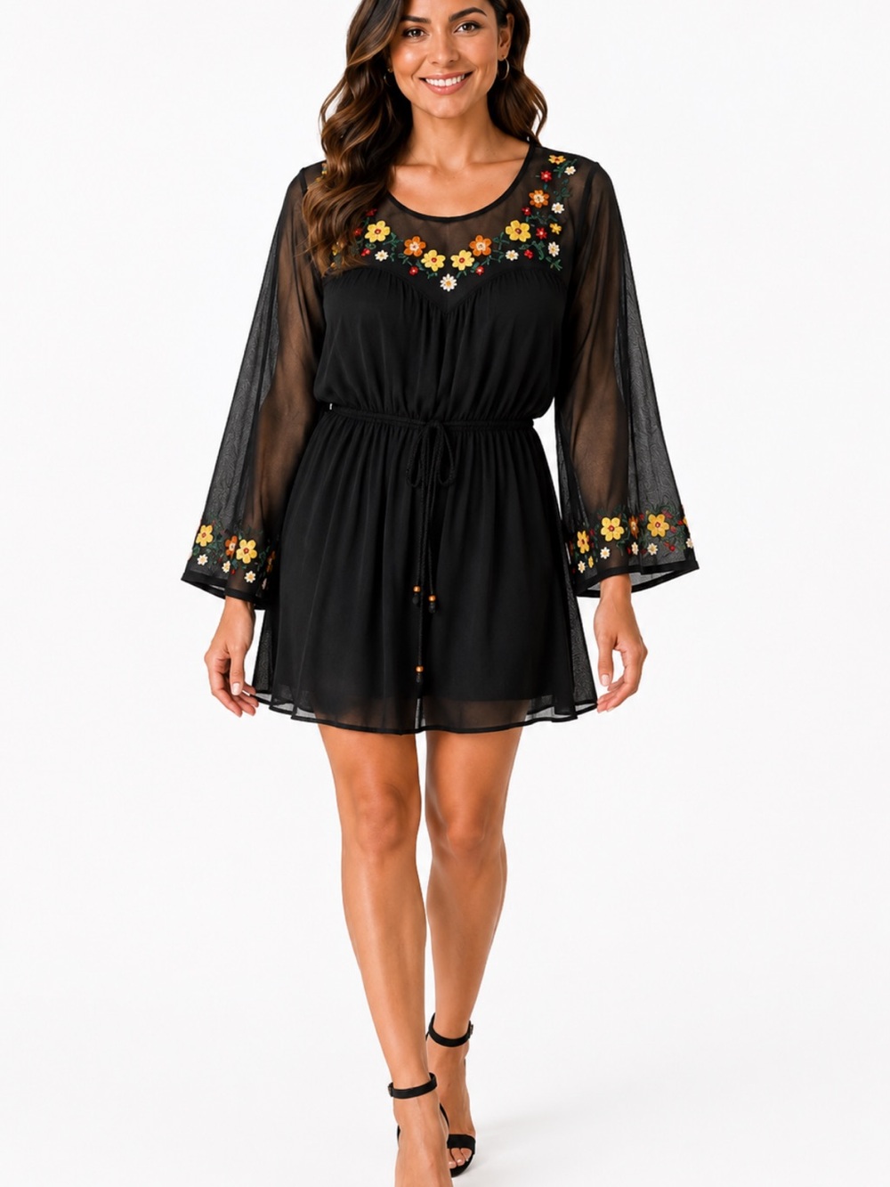 True Destiny Boho Embroidered Floral Mesh Sleeve Rayon Dress Women’s L